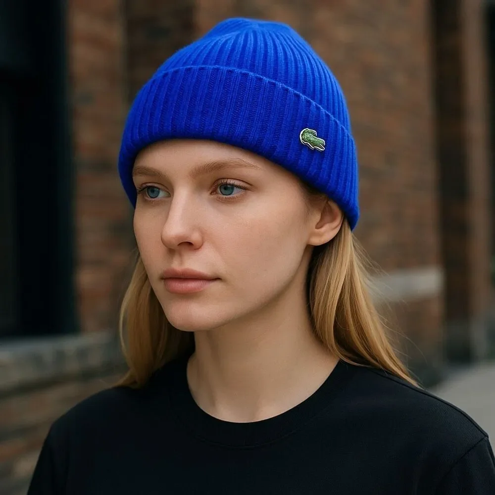 Lacoste Unisex Rib Knit Beanie Hat Wool Cuffed Winter Cap w/ Crocodile Logo Blue